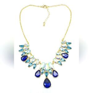 Gorgeous Gold Iridescent Blue Stone Statement Necklace NWOT 16"+2"